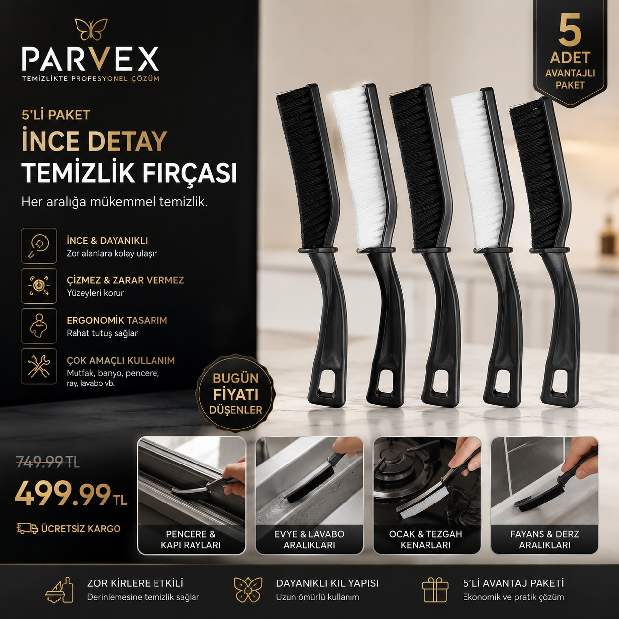 PARVEX DetailPro 5’li İnce Detay Temizlik Fırçası